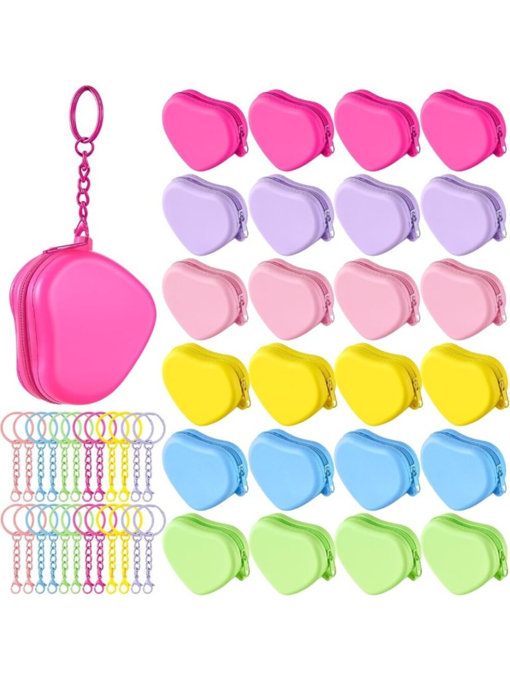24 Heart Shaped Silicone Coin Pouches - Cute Mini Wallets with Keychain for
